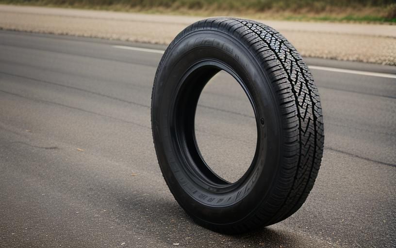 Replacement car tyre on a road surface